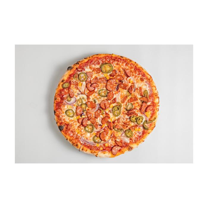 PICANTE - sugo, mozzarella, klobása, jalapeño, kukuřice, cibule